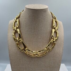 Vintage Chunky Gold Hammered Link Statement Necklace Bold Textured Collar Large